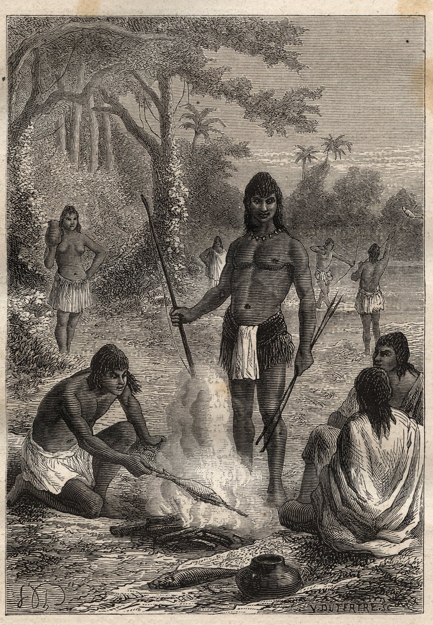 رحلة استكشافية إلى أمريكا (1799-1804) بقلم ألكسندر فون همبولت (1769-1859) وأيمي بونبلاند (1773-1858): الهنود الأماغواس (أمازونيا ، بيرو) - رسم توضيحي من "البحارة العظماء في القرن الثامن عشر" بواسطة فنان غير معروف