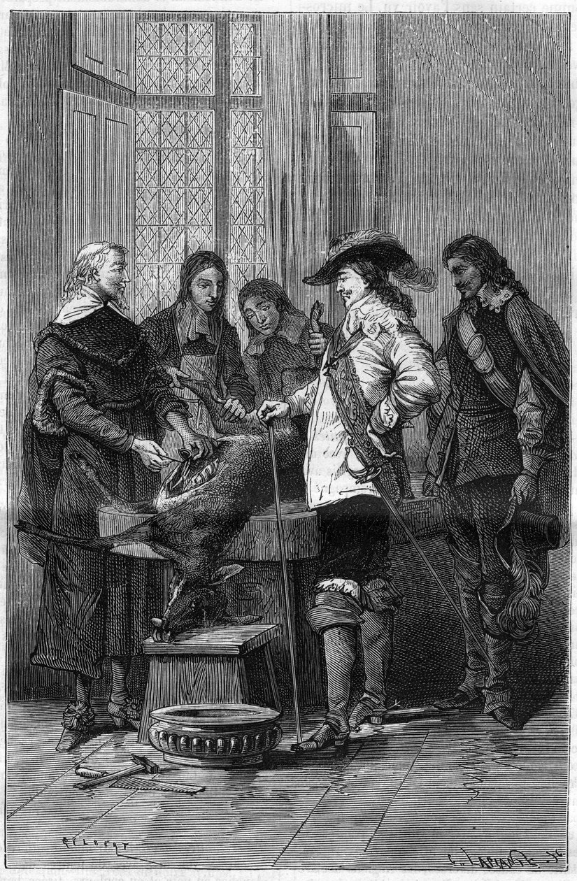 تجربة ويليام هارفي (1578-1657) ، طبيب إنجليزي يظهر تشارلز الأول ستيوارت (1600-1649) ملك إنجلترا وأطباء الكلية الملكية في لندن ظاهرة الدورة الدموية على ظبية حية. نقش في "" La Nature "" بواسطة فنان غير معروف