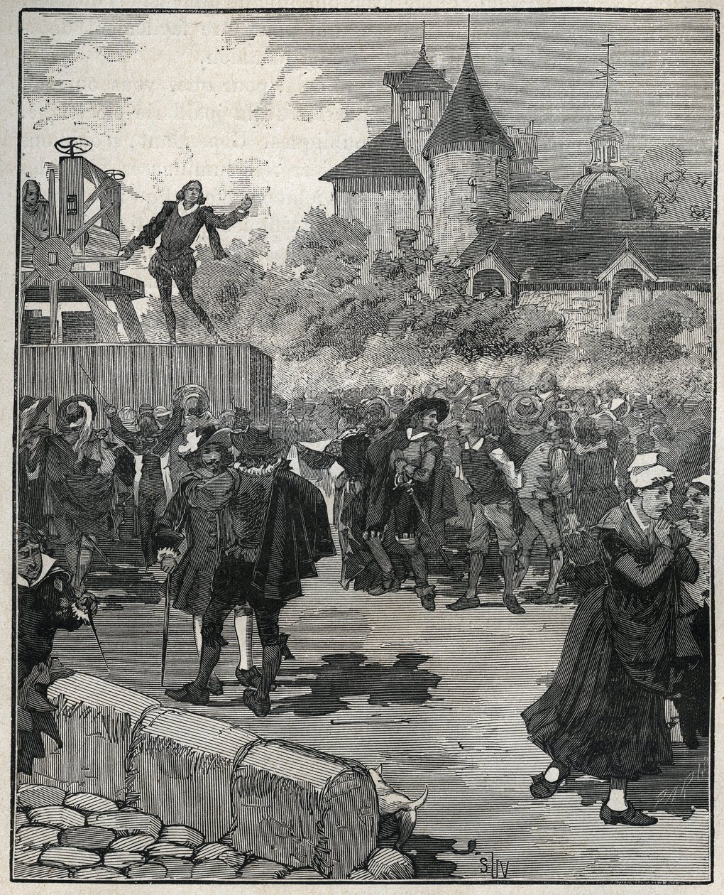 تجربة سك ميكانيكية لنيكولاس بريو (Engraveur du Royaume de France) (1579-1646) عام 1616. نقش من عام 1885 في "" Les Arts et metiers Illustres "" لأدولف بيتارد. بواسطة فنان غير معروف