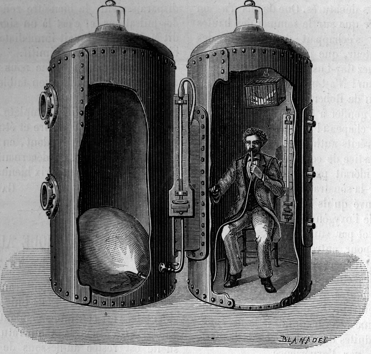خبرة عالم الفسيولوجيا بول بيرت في الضغط الجوي (1833-1886): يتسع تنفس الهواء المؤكسد عن طريق خفض الضغط. نقش في "" La Nature: revue des sciences et de leurs applications aux arts et a l'industrie "" بتاريخ 22 كانون الأول (ديسمبر) 1 بواسطة فنان غير معروف