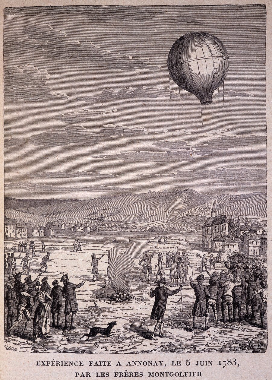 تم إجراء التجربة في Annonay في 5 يونيو 1783 بواسطة Montgolfier Brothers - في "" Les Contemporains "، في أواخر القرن التاسع عشر. بواسطة فنان غير معروف