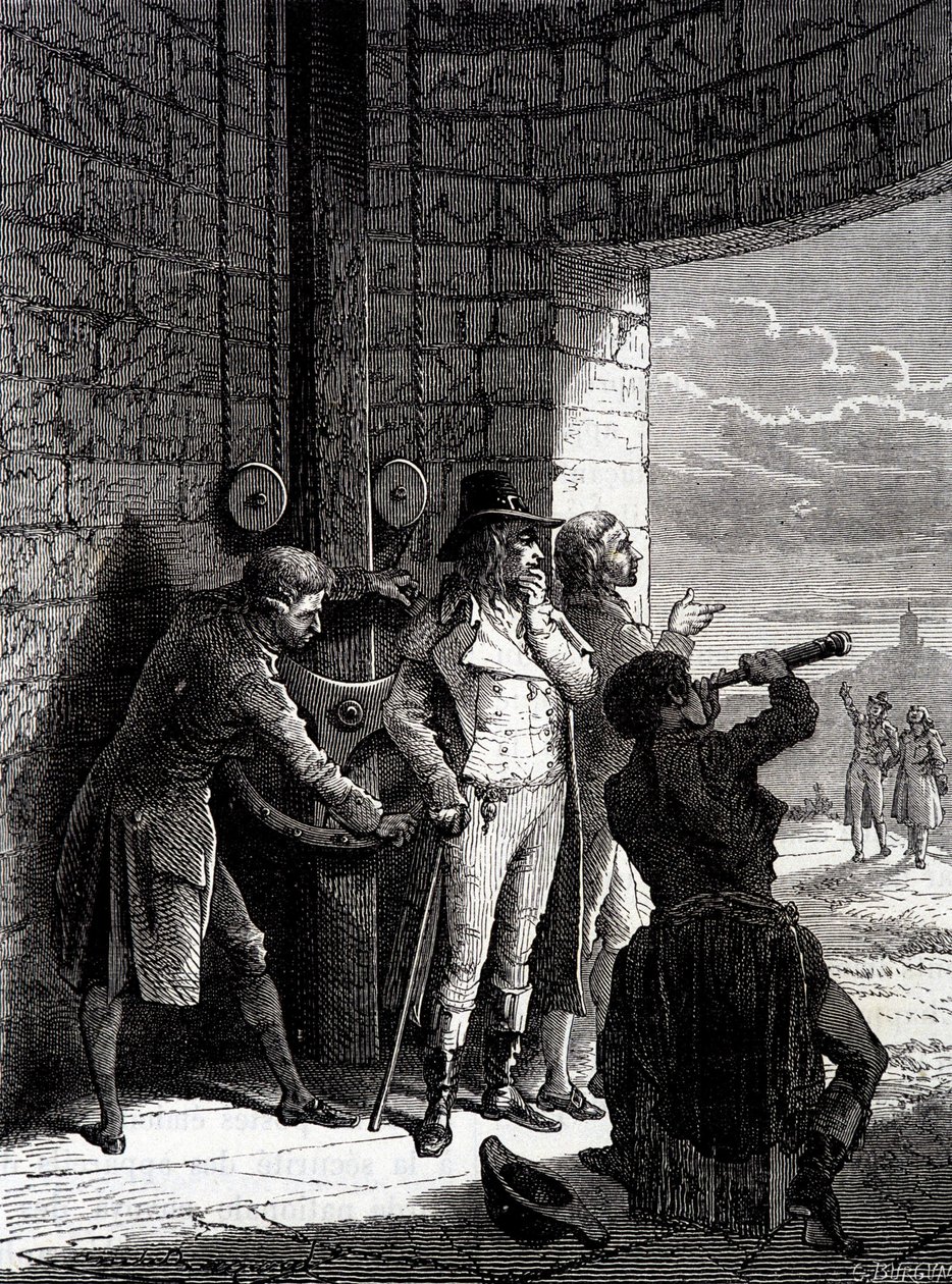تجربة تلغراف Chappe الذي تم إجراؤه في 12 يوليو 1793 ، من Ménilmontant إلى Saint-Martin-du-Tertre أمام مفوضي الاتفاقية - في "" عجائب الصناعة "" بواسطة لويس فيغييه بواسطة فنان غير معروف