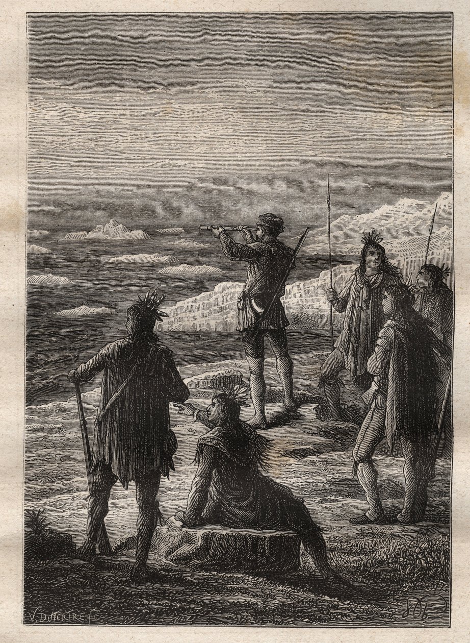 استكشاف الشمال الكندي العظيم (1769-1772) بواسطة صموئيل هيرني (1745-1792): يصعد هيرن مجرى نهر كوبرمين ويصل إلى مصبه في المحيط المتجمد الشمالي عام 1771 - رسم توضيحي من "البحارة العظماء في القرن الثامن عشر" مئة عام" بواسطة فنان غير معروف