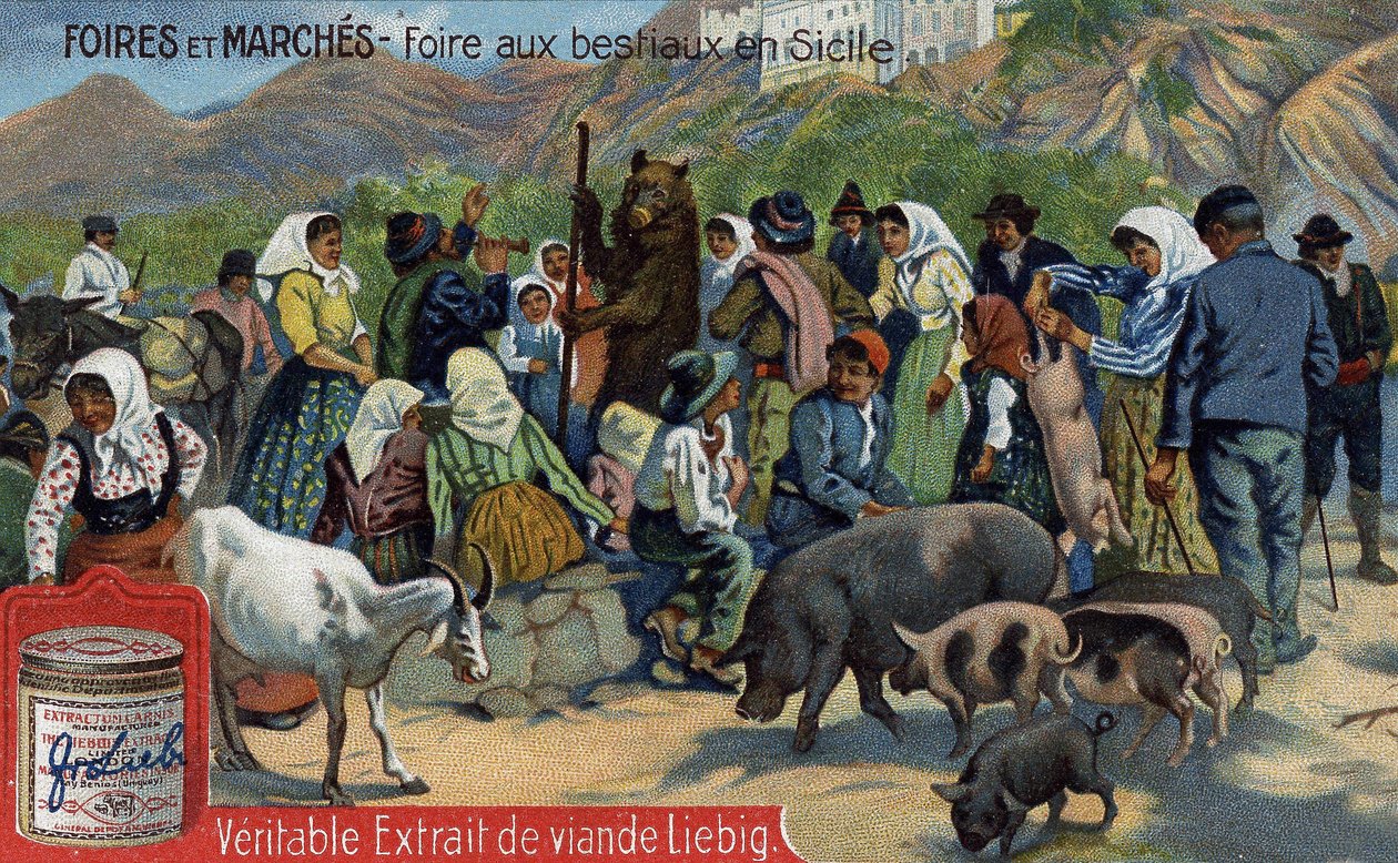 المعارض والأسواق: معرض الماشية في صقلية. Chromolithography ، صورة Liebig. بواسطة فنان غير معروف