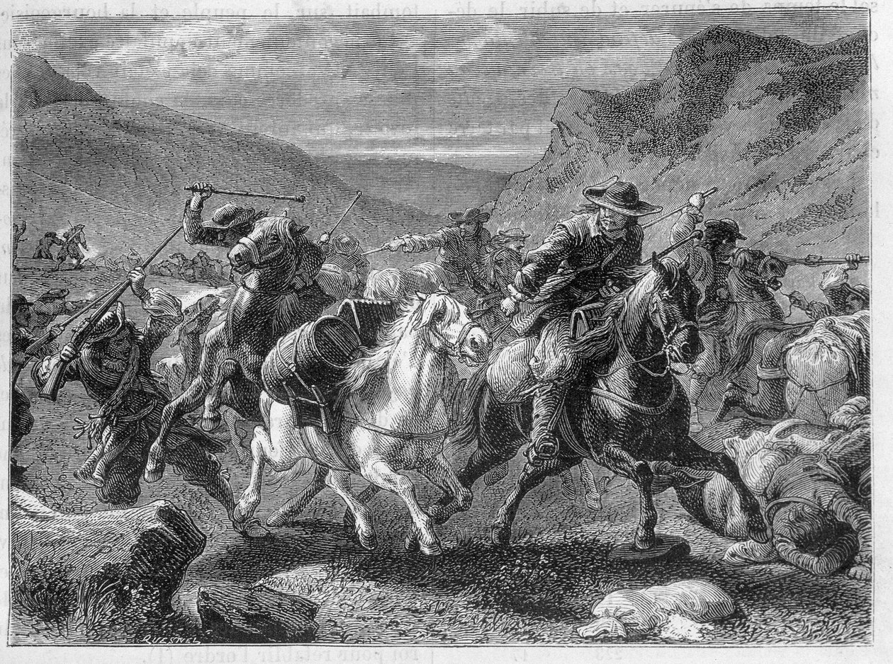 أجهزة الساونا الزائفة (أجهزة الساونا الزائفة) تهاجم في كمين نصبه جنود الملك - في "عجائب الصناعة" بقلم لويس فيغييه بواسطة فنان غير معروف