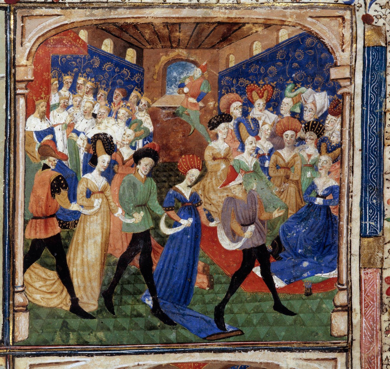 العيد في محكمة الملك آرثر كوين جينيفر محاط بـ 12 ملكًا. منمنمة من مخطوطة "رواية Quete of the Grail" 1450-1460 ديجون. مكتبة البلدية بواسطة فنان غير معروف