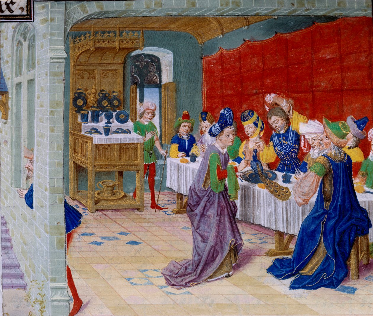 مشهد وجبة العيد ، يتم تقديم طاووس على الطاولة. صورة مصغرة مأخوذة من "La Vraye Histoire du Bon Roy Alixandre" "بواسطة Callisthenes أو Kallisthenes (حوالي 360-328 قبل الميلاد) بواسطة فنان غير معروف
