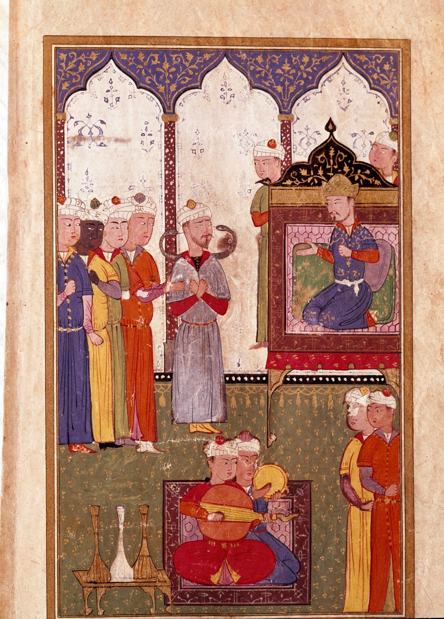 وليمة نظمها السلطان مع ساحر الثعابين والموسيقيين المصغرين من مخطوطة من القرن السادس عشر. البندقية ، مكتبة مارسيانا بواسطة فنان غير معروف