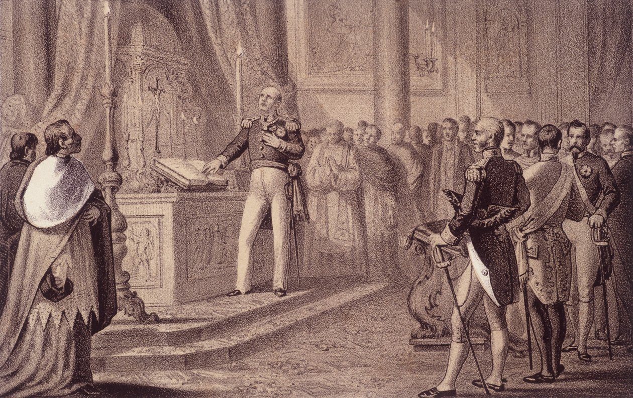 افتتح فرديناند الأول من بوربون أو فرديناند الرابع (1751 - 1825) ، ملك نابولي ، دستور 1820 - في "" Storia d'Italia " بواسطة فنان غير معروف