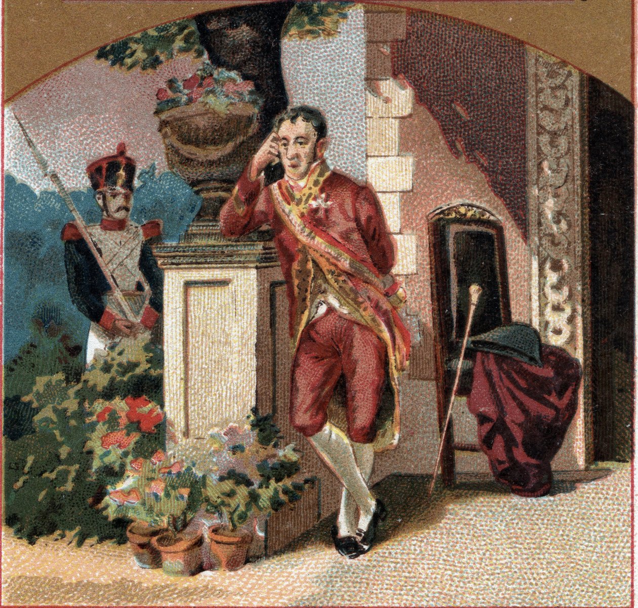فرديناند السابع ملك إسبانيا (1784-1833) سجين نابليون الأول في قلعة فالينكاي (إندري). الطباعة الحجرية الملونة في أواخر القرن التاسع عشر بواسطة فنان غير معروف