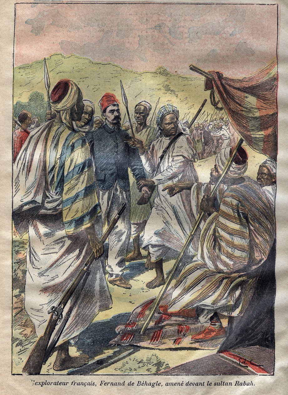 فرديناند دي بيهجل (1857-1899) (مستكشف فرنسي) أسر رباح ثم أمر السلطان بإعدامه شنقًا عام 1899 - نقش في "Le-Pelerin" عام 1899 بواسطة فنان غير معروف