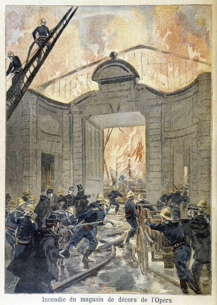 تدخل فرق الإطفاء أثناء حريق محل ديكور الأوبرا. رسم توضيحي لـ "مجلة Petity" عام 1894. بواسطة فنان غير معروف