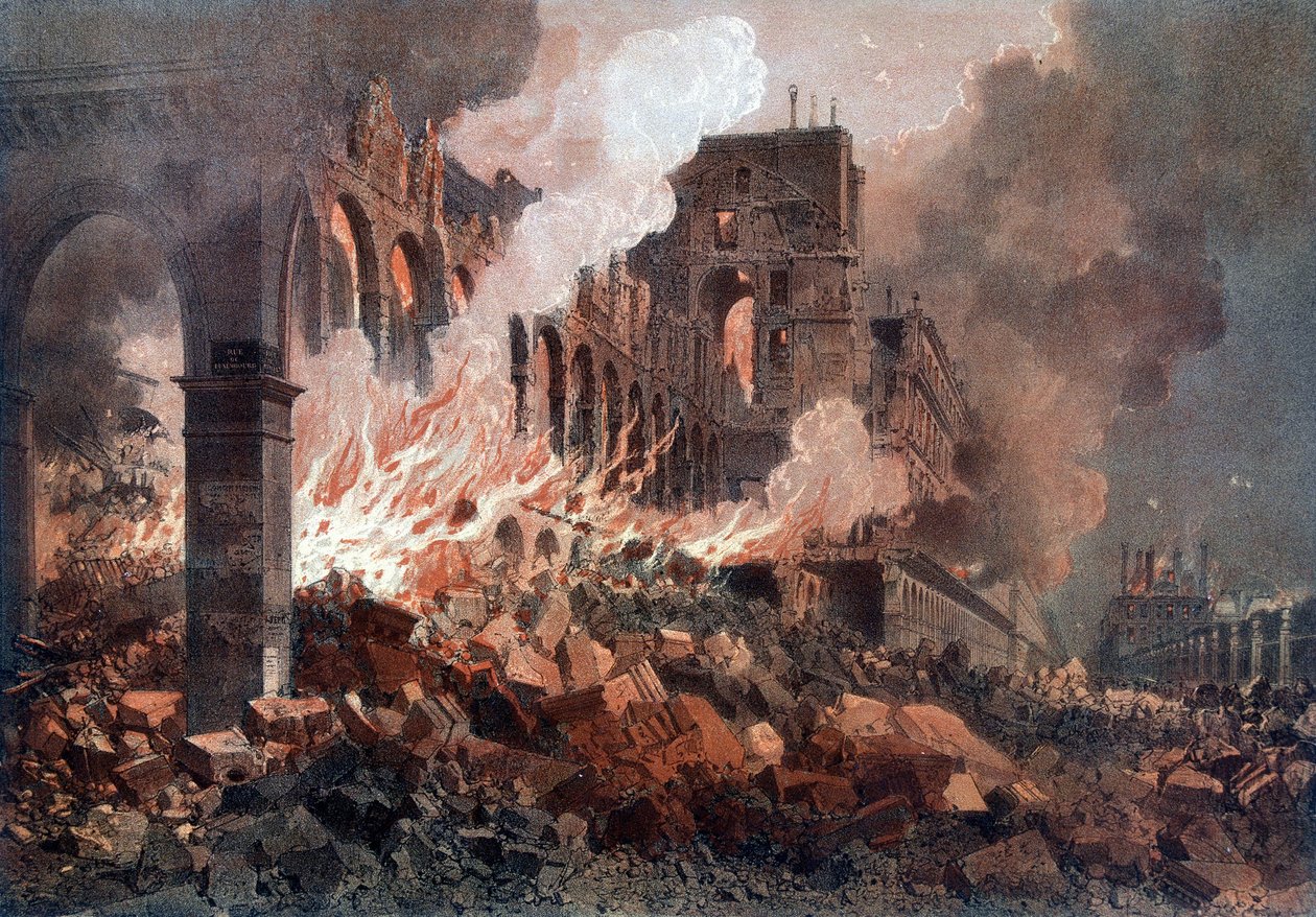 حريق وزارة المالية (في ذلك الوقت في التويلري) في 24 مايو 1871 - الطباعة الحجرية ، أواخر القرن التاسع عشر بواسطة فنان غير معروف
