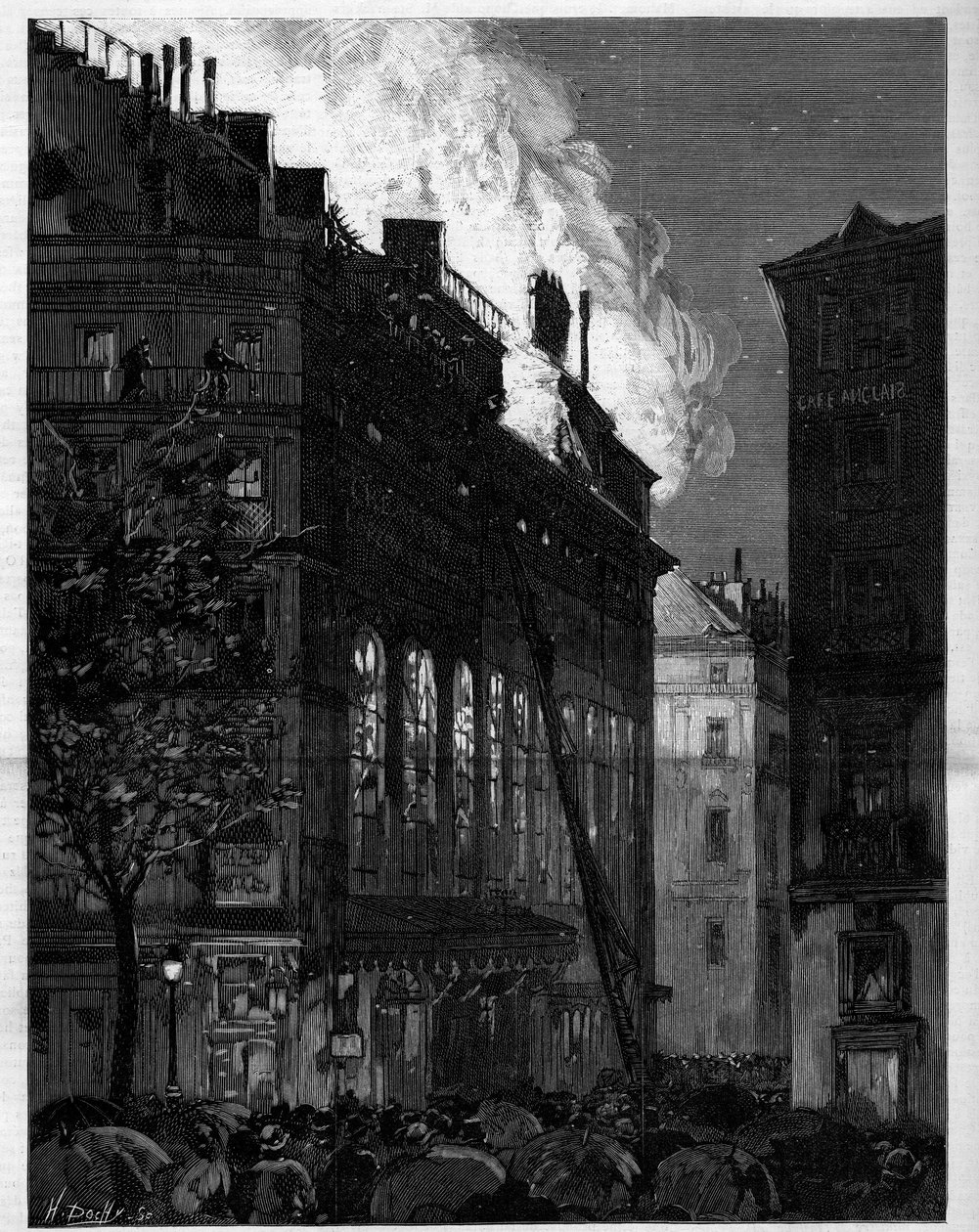 حريق أوبرا كوميك (أوبرا كوميك) في باريس شوهد من شارع Marivaux و Boulevard des Italians في 26 مايو 1887. نقش في "" Le monde اللامع "" بواسطة فنان غير معروف