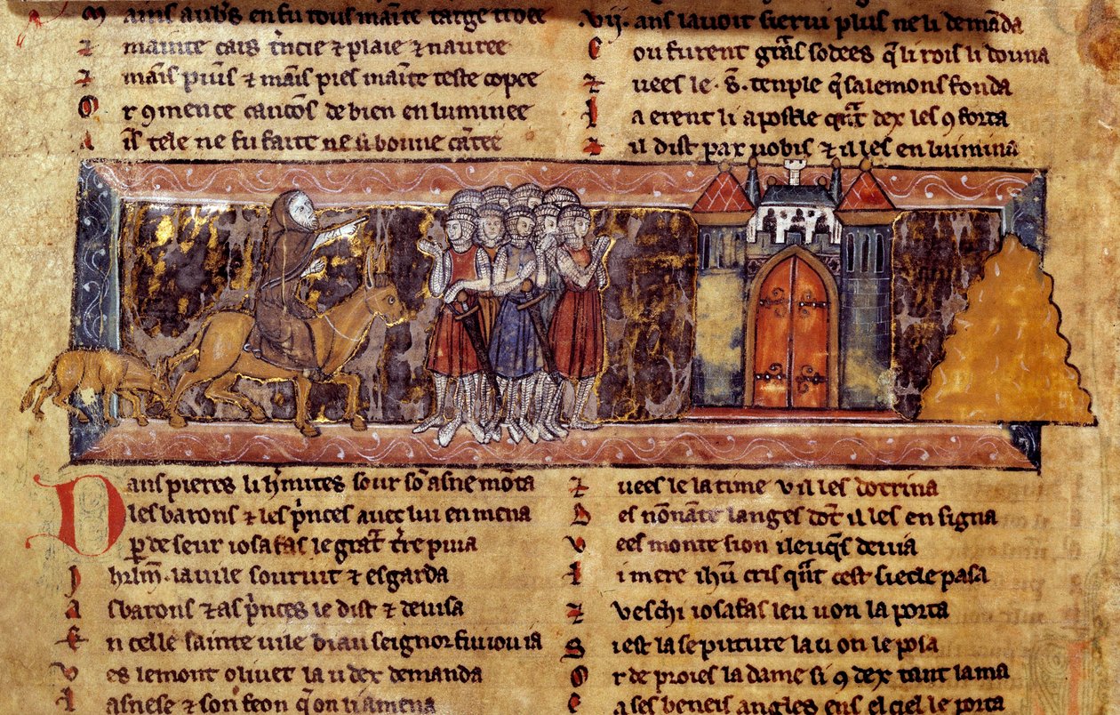 First Crusade (1096-1099): Peter the Hermit (1050 - 1115), French religious leader of the First Crusade Harangue les Croises. Manuscript of the Knight to the Swan بواسطة فنان غير معروف