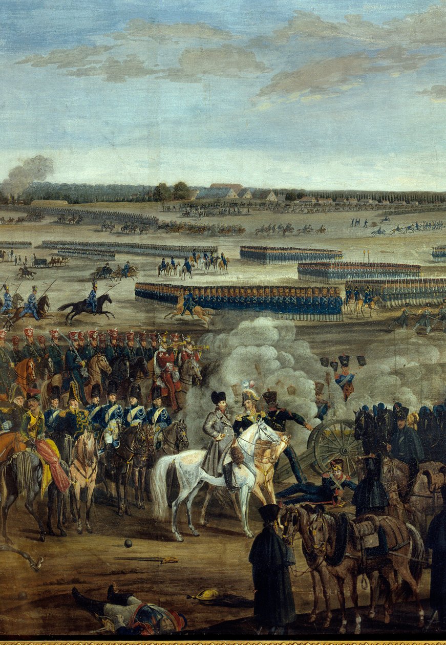 الإمبراطورية الأولى: الإمبراطور نابليون الأول (1769-1821) (على الحصان الأبيض) في معركة لايبزيغ (معركة الأمم) ، 16-19 أكتوبر. بواسطة فنان غير معروف