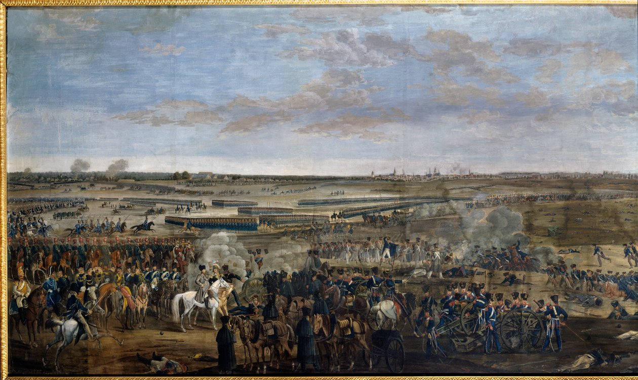 الإمبراطورية الأولى: الإمبراطور نابليون الأول (1769-1821) (على الحصان الأبيض) في معركة لايبزيغ (معركة الأمم) ، 16-19 أكتوبر. بواسطة فنان غير معروف