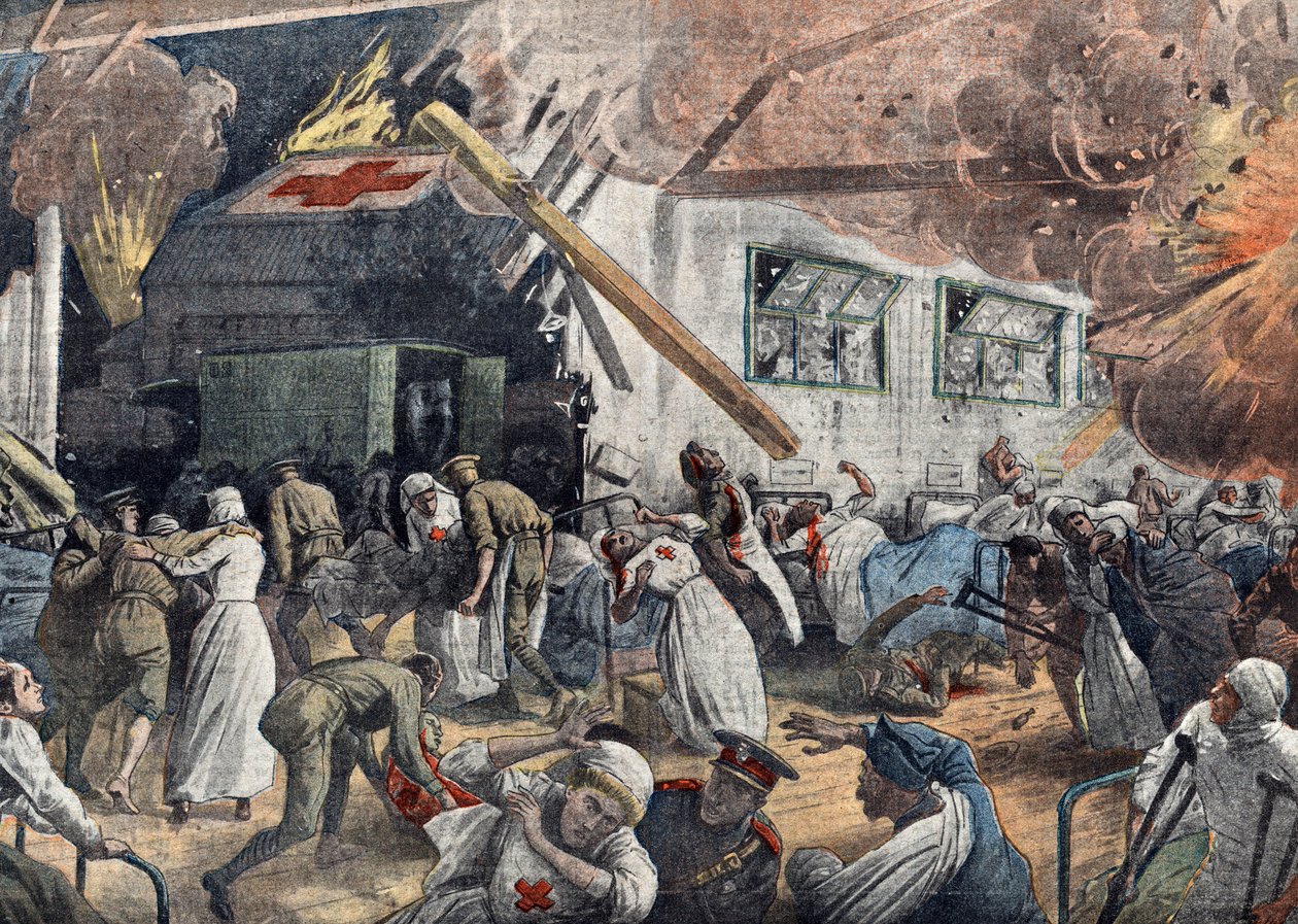 الحرب العالمية الأولى: قصف الأسراب الألمانية لمستشفى إنجليزي في يونيو 1918 رسم توضيحي من "لو بيليران" 18/06/1918 مجموعة خاصة بواسطة فنان غير معروف