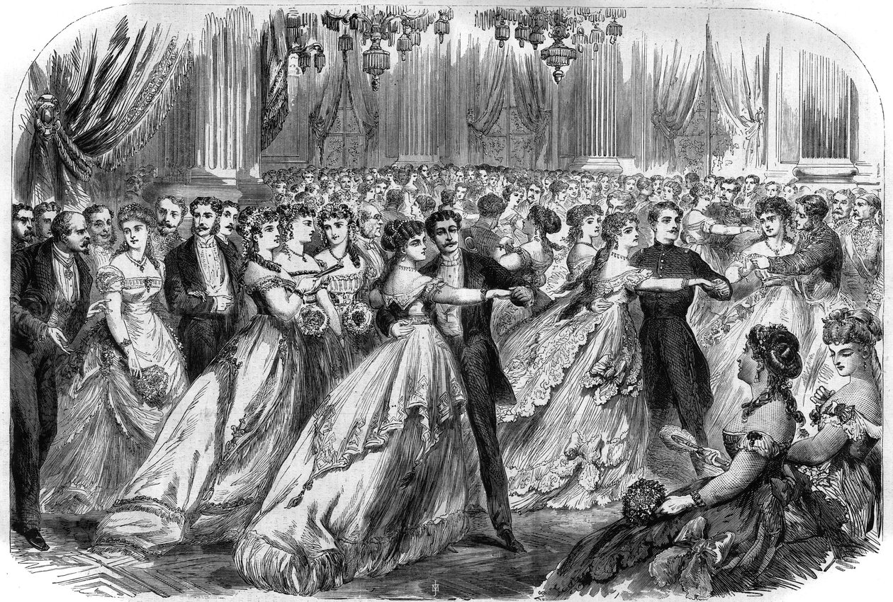 أول كرة في فندق دي فيل في باريس في 16 يناير 1868. نقش في "" الكون اللامع " بواسطة فنان غير معروف