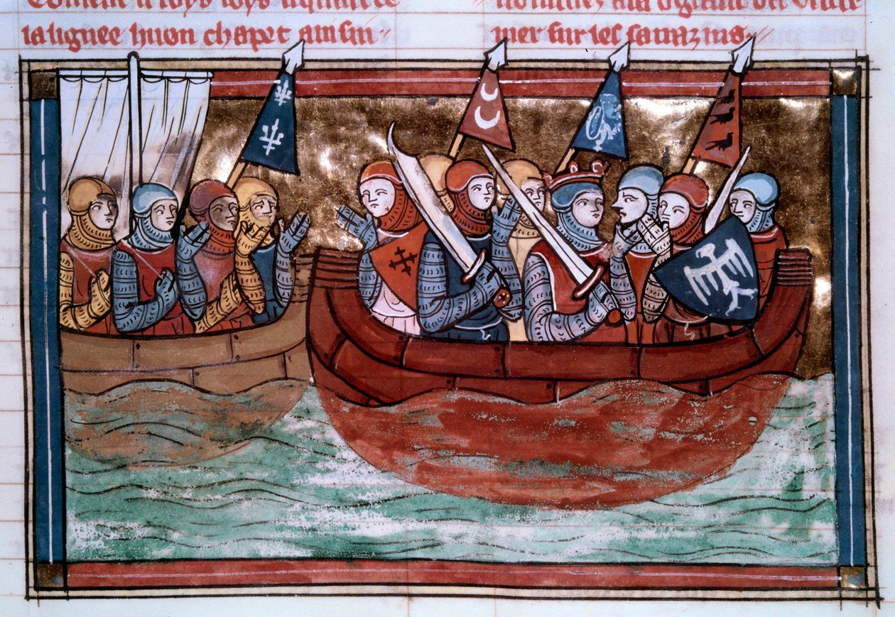 الحملة الصليبية الأولى: Godefroi de Bouillon (1060-1100) والمعابر الشراعية باتجاه الأراضي المقدسة. صورة مصغرة من "" Roman De Godefroy De Bouillon et de Saladin "" بواسطة فنان غير معروف