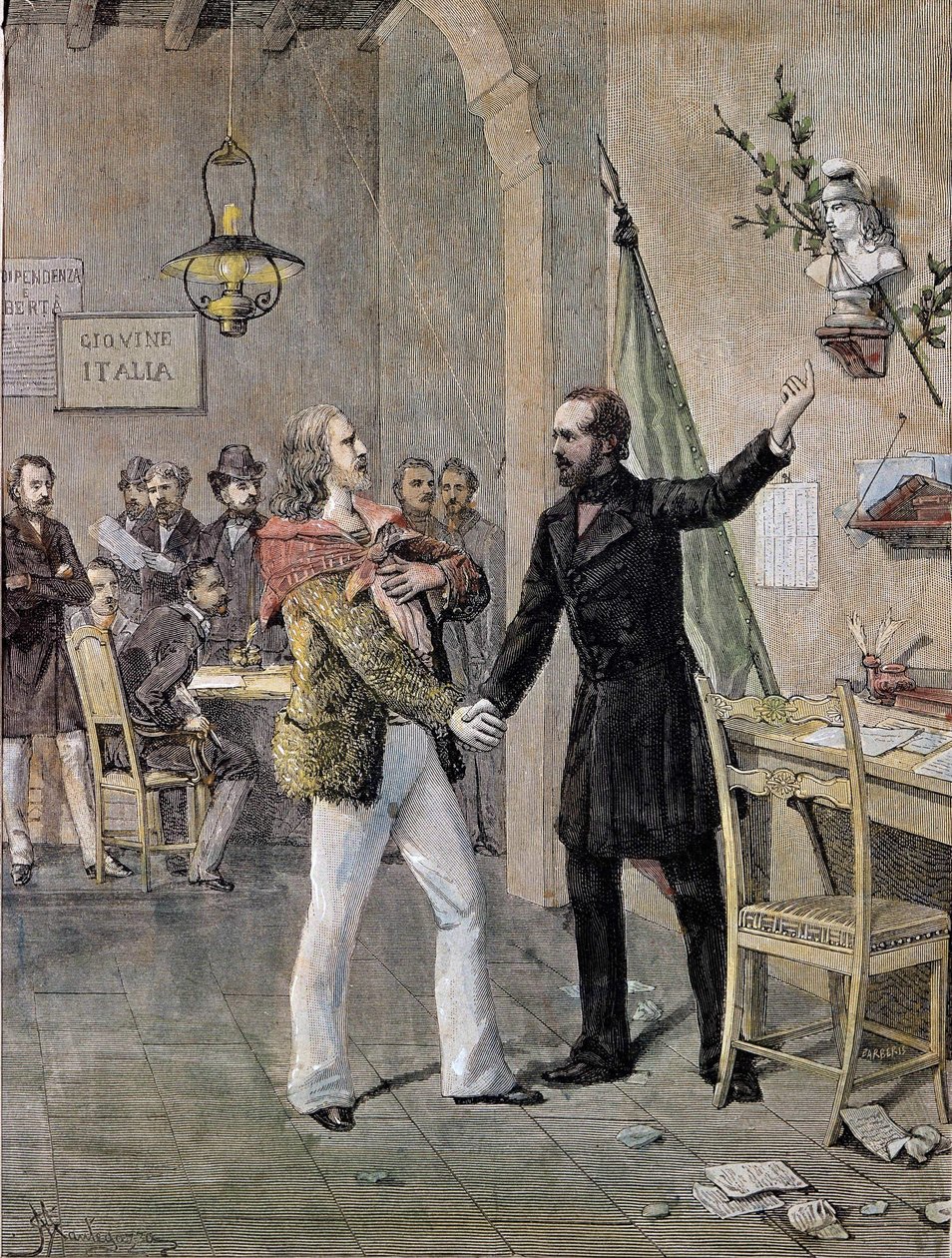 أول لقاء بين جوزيبي غاريبالدي وجوزيبي مازيني في مرسيليا عام 1833 (نقش) بواسطة فنان غير معروف