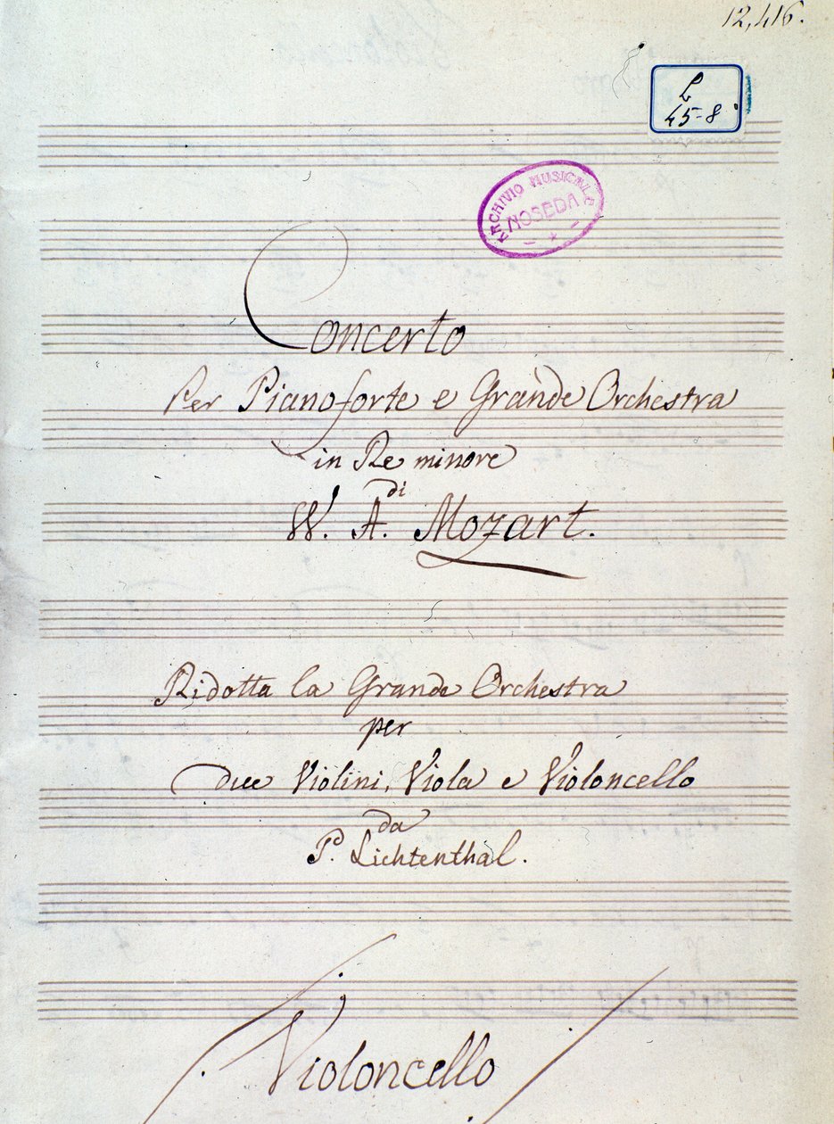 الصفحة الأولى من النوتة الموسيقية للكونشيرتو للبيانو والأوركسترا الكبيرة في D طفيفة بواسطة Mozart ، نسخة Lichtenthal (القرن التاسع عشر) بواسطة فنان غير معروف