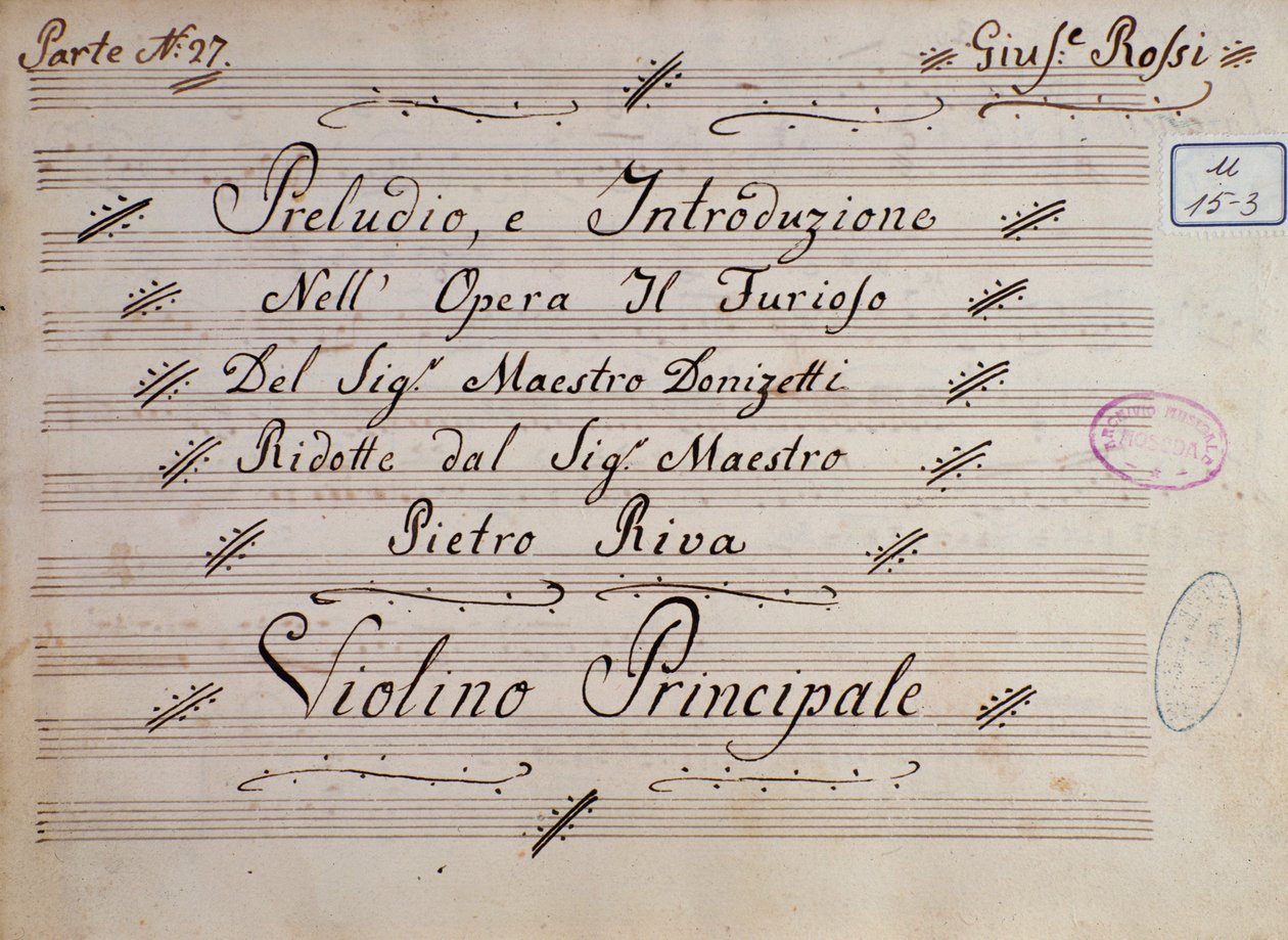 الصفحة الأولى من ورقة الموسيقى للكمان ، Il furioso all'isola di San Domingo بواسطة Gaetano Donizetti بواسطة فنان غير معروف