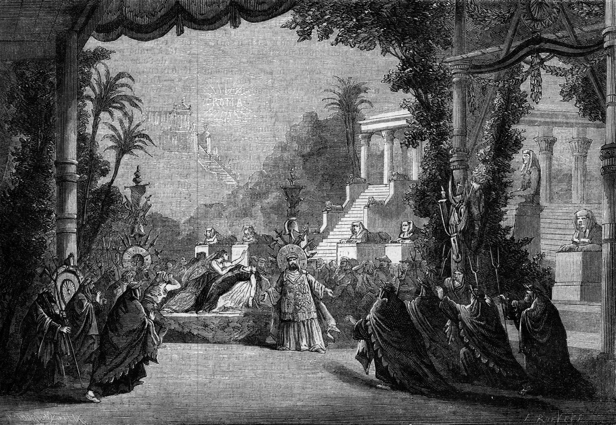 أول عرض في مسرح الأوبرا في باريس عام 1863 لأوبرا هيكتور بيرليوز "Les Troyens". الفصل الخامس: وفاة ديدون. بواسطة فنان غير معروف