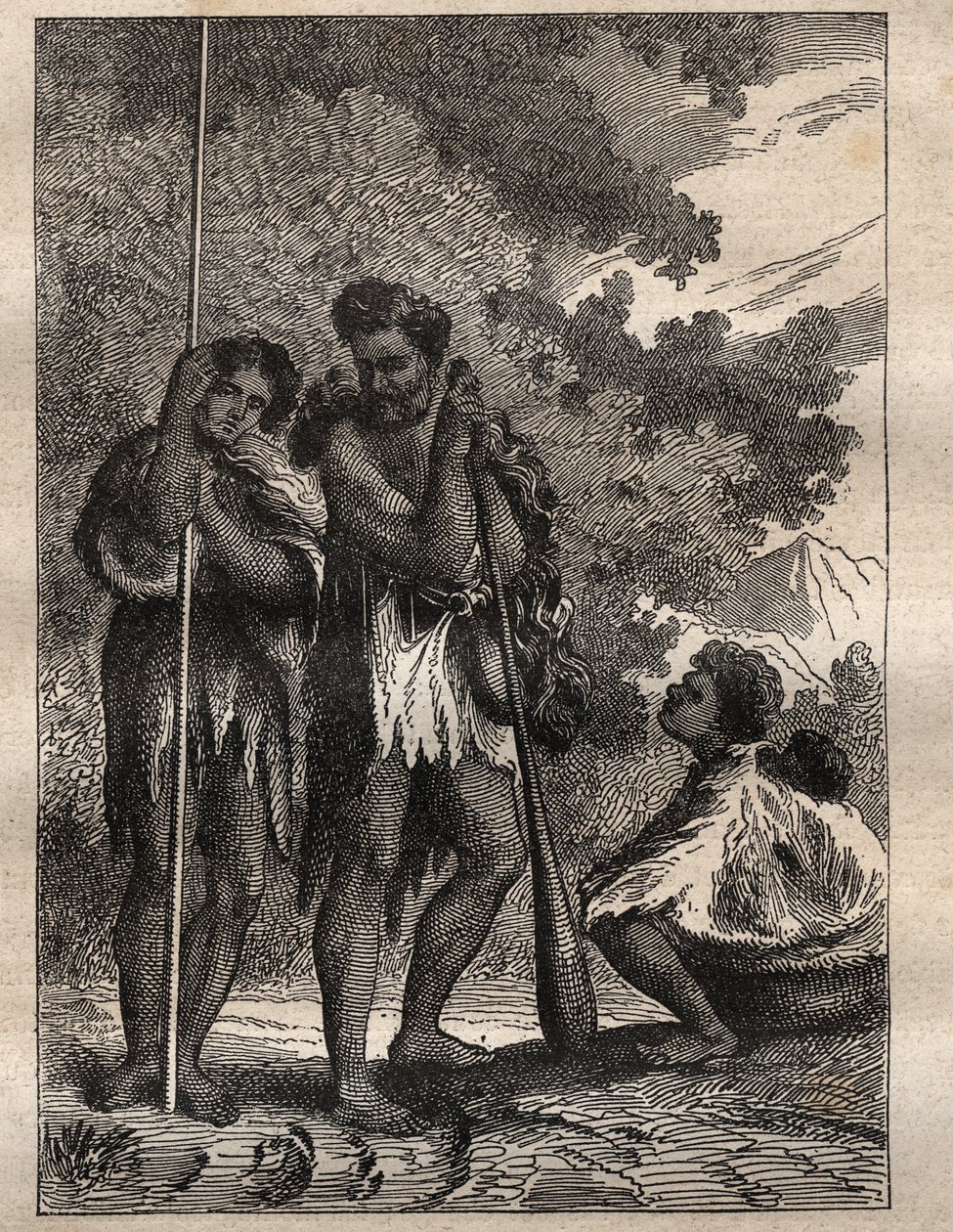 الرحلة الأولى (1768-1771) للكابتن جيمس كوك (1728-1779): عائلة نيو زيلاند (نيو زيلاندايز) - رسم توضيحي مأخوذ من "البحارة العظماء في القرن الثامن عشر" بواسطة فنان غير معروف