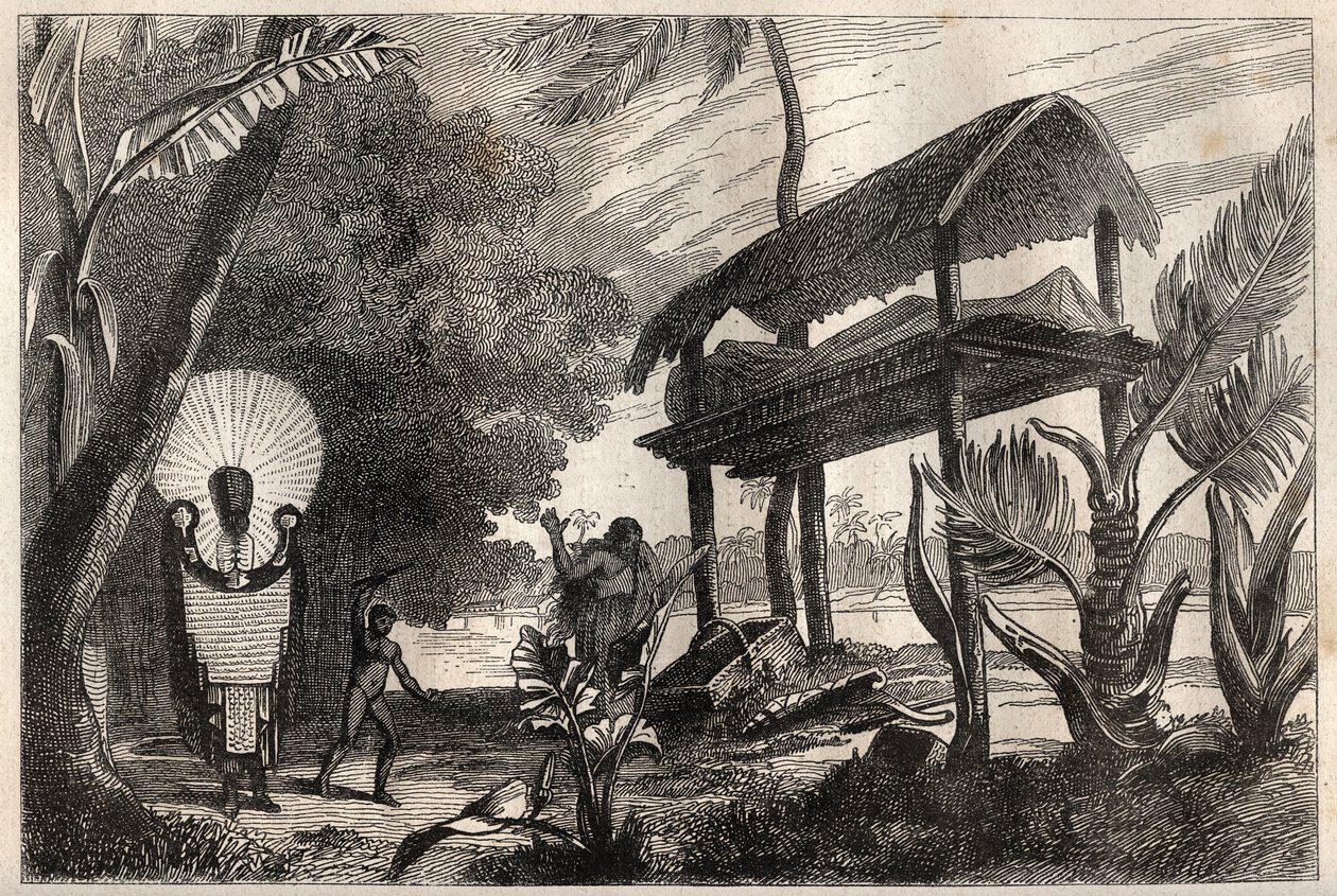 الرحلة الأولى (1768-1771) للكابتن جيمس كوك (1728-1779): fia-toka (fia toka) ، مبنى دفن تاهيتي - رسم مأخوذ من "" البحارة العظماء في القرن الثامن عشر "" بواسطة فنان غير معروف