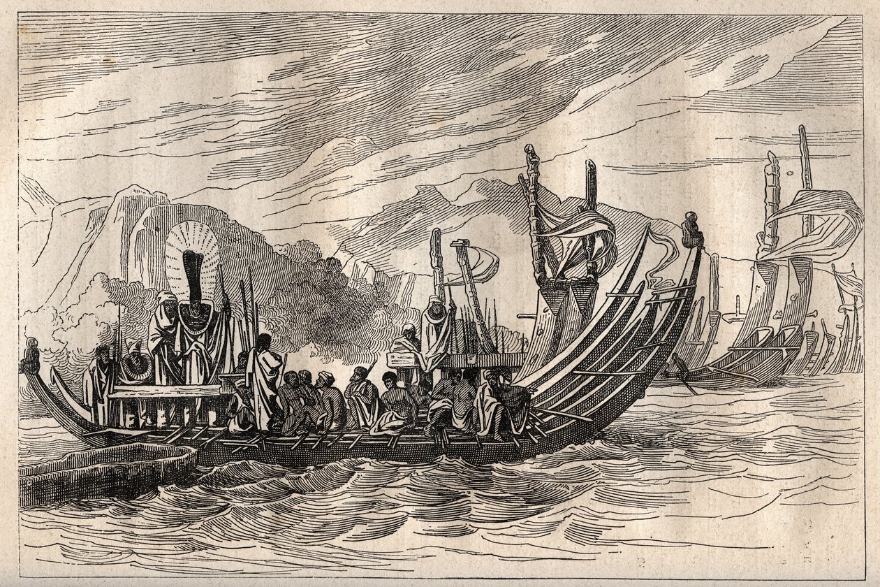 الرحلة الأولى (1768-1771) للكابتن جيمس كوك (1728-1779): تجمع أسطول تاهيتي في أوبيري - رسم توضيحي مأخوذ من "البحارة العظماء في القرن الثامن عشر" بواسطة فنان غير معروف