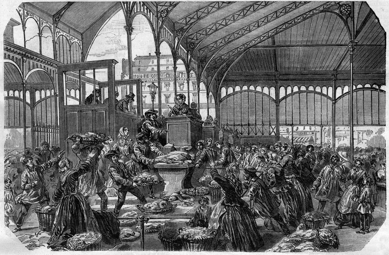 سوق السمك - سوق السمك بالجملة في باريس عام 1870 بواسطة فنان غير معروف