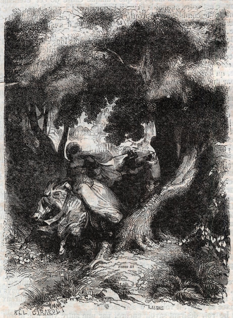 رحلة أنجليكا (أنجليكا) أثناء المعركة - نقش عام 1851 من "" Furious Roland "" (أورلاندو فوريوسو) (القرن السادس عشر) بواسطة Ludovico Ariosto ، المعروف باسم Ariosta - طبعة مترجمة من الإيطالية بواسطة Count of Tressan ونشرها Gustave هارفا بواسطة فنان غير معروف