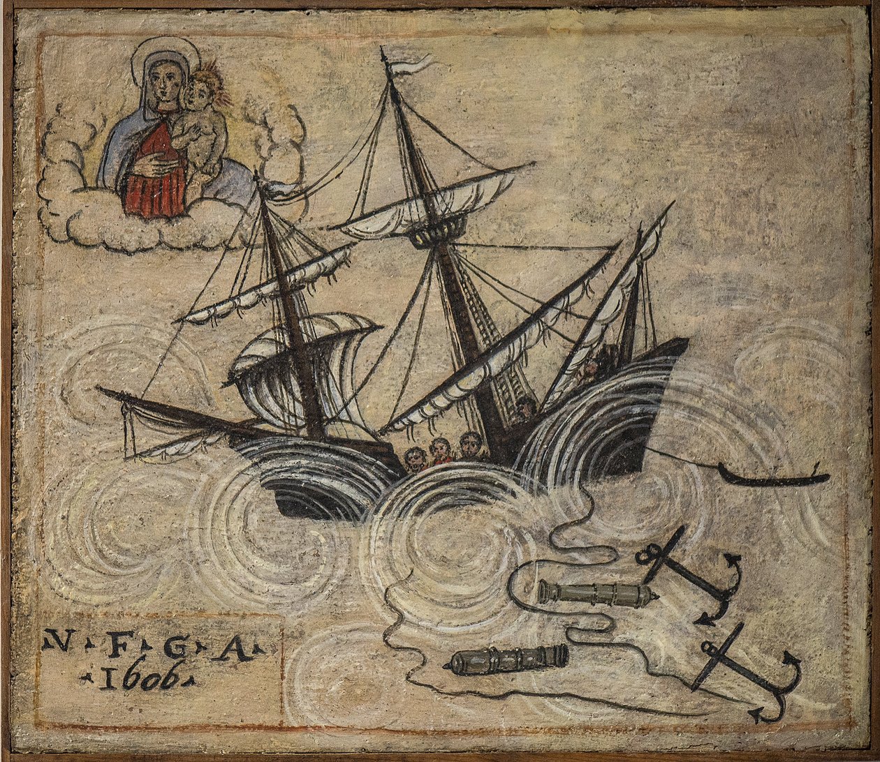 بحار فوتو سابقًا (ex voto) ، عرض شعبي كتعهد بإخلاص وامتنان للبحار الناجي من مخاطر البحر القادمة من كنيسة العذراء المباركة لقوس نابولي (مادونا ديلاركو) في إيطاليا في القرن التاسع عشر بواسطة فنان غير معروف