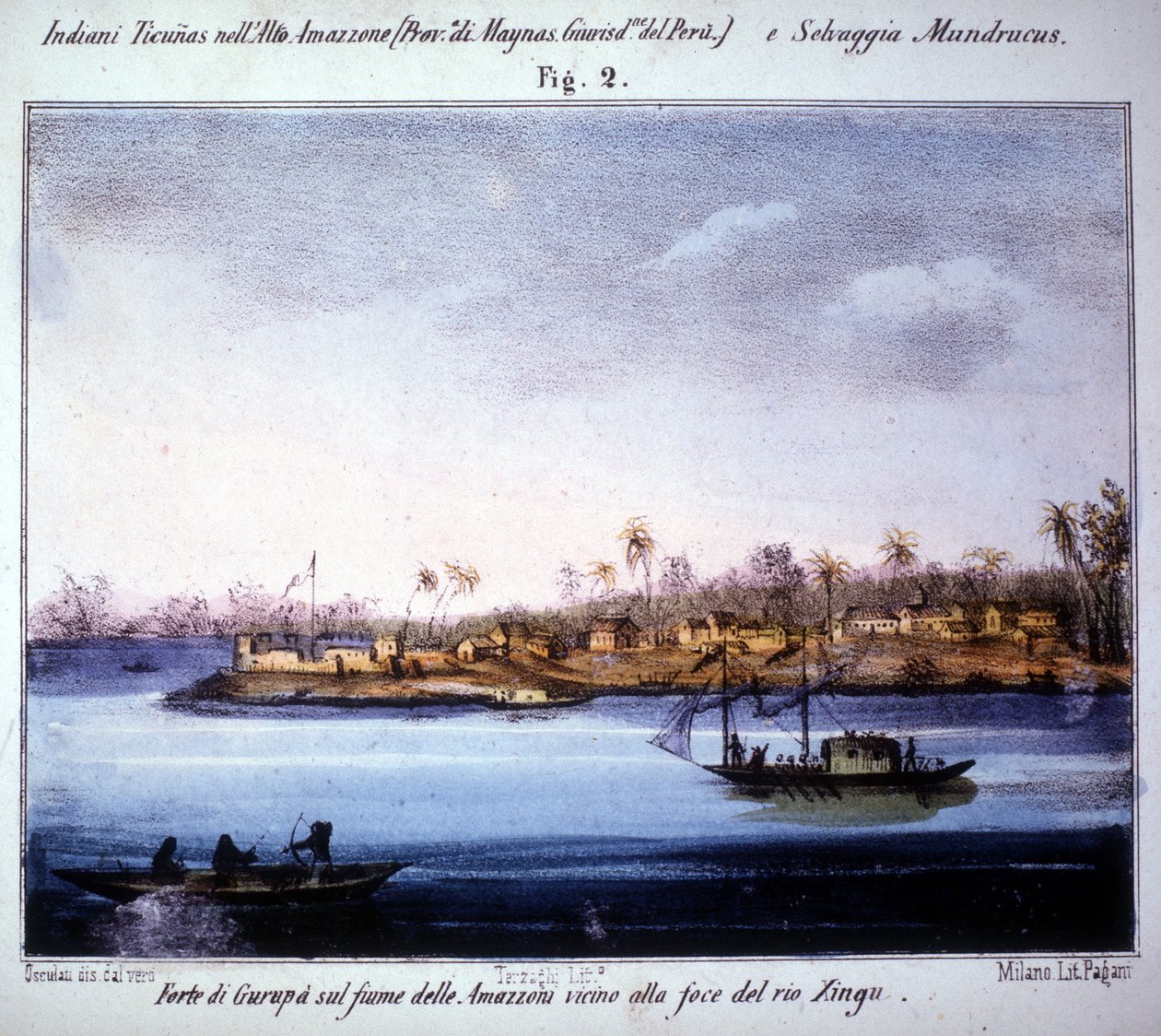 قلعة غوروبا على نهر الأمازون ، بالقرب من مصب ريو زينغو في الإكوادور. نقش من 1846 - 1848. بواسطة فنان غير معروف