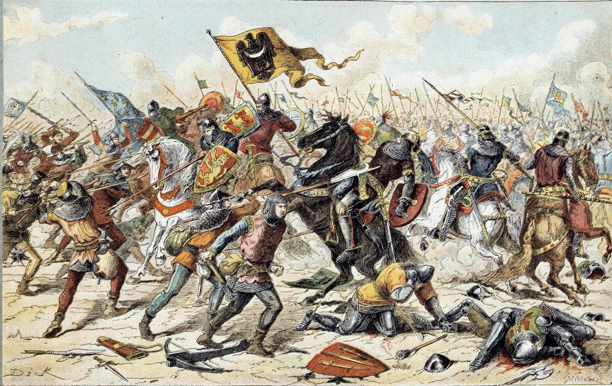 الحرب الفرنسية الإنجليزية (1202-1214): معركة Bouvines في 27/07/1214 بين جيش فيليب أوغست الفرنسي والفلمنكي و Welfs of Othon IV. كان الانتصار الفرنسي حاسمًا في نتيجة الحرب. القرن ال 19. باريس ، Musee de l