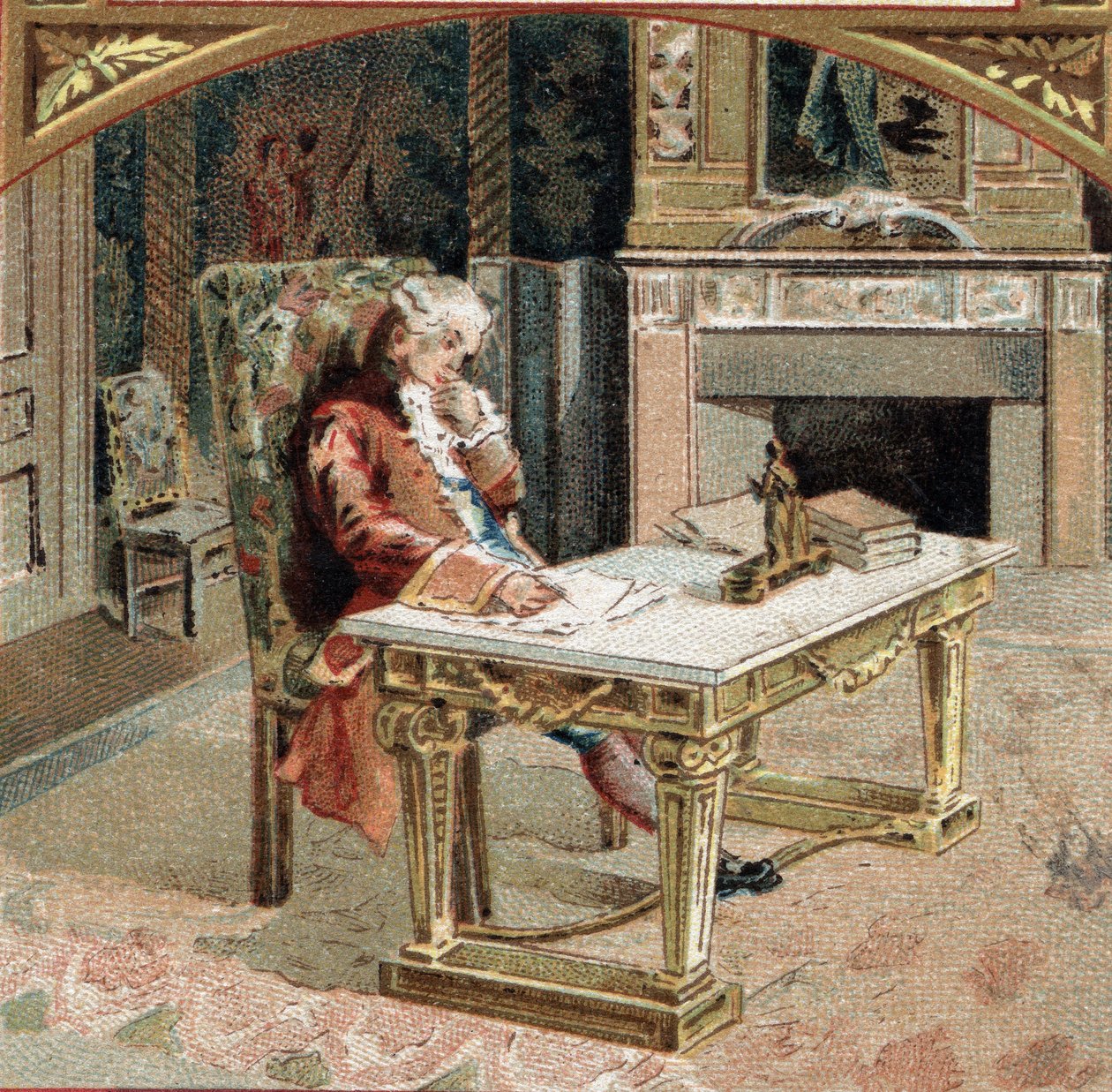 Francois-Marie (Francois Marie) Arouet de Voltaire dit Voltaire (1694-1778) ، البالغ من العمر 23 عامًا في قلعة Sully-sur-Loire (Sully sur Loire). الطباعة الحجرية الملونة في أواخر القرن التاسع عشر بواسطة فنان غير معروف