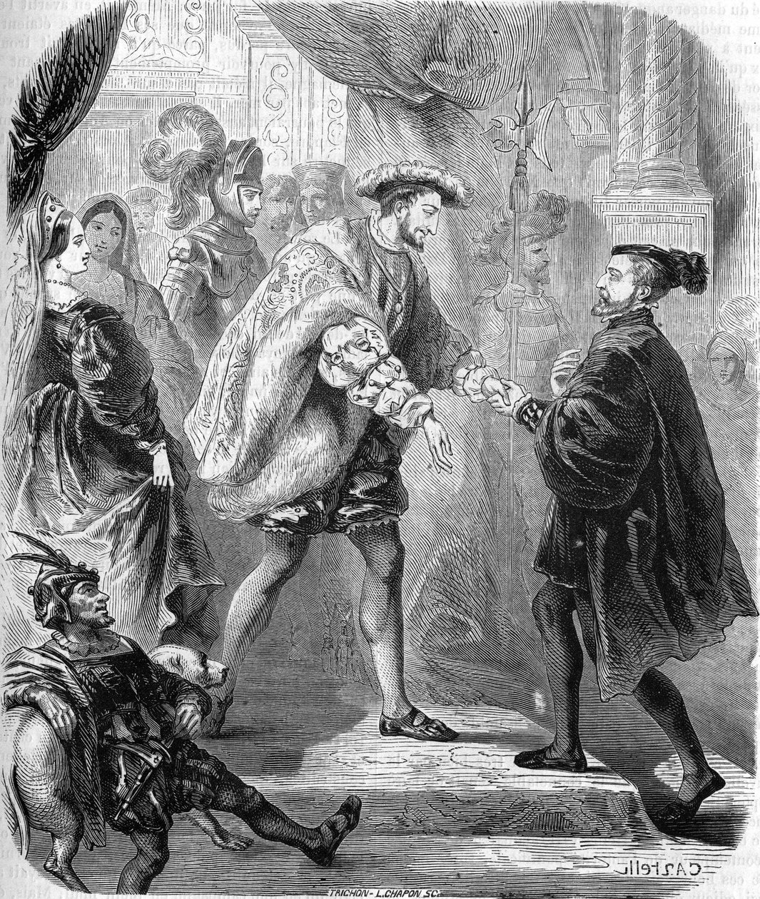 التقى فرانسوا الأول ، ملك فرنسا (1494-1547) وشارل الخامس (1500-1558) في شاتو دي شاتيليراولت في يناير 1540. في "" التاريخ الشعبي لفرنسا "، بدون تاريخ. حوالي عام 1885. نقش. بواسطة فنان غير معروف