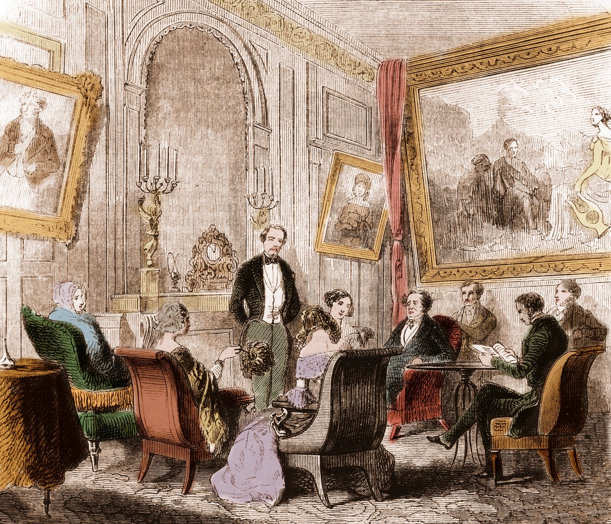 فرانسوا رينيه دي شاتوبريان (1768-1848) ، كاتب وسياسي فرنسي ، يقرأ "Memoires d'Outre-Tomb" في غرفة المعيشة في Madame Recamier في Abbey-au-Bois ، rue de Sevres ، باريس - نقش بواسطة فنان غير معروف