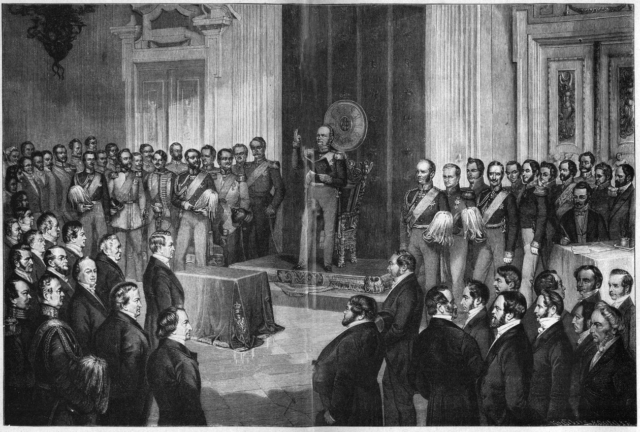فريدريك وليام الرابع (1795-1861) ، ملك بروسيا ، يؤدي القسم على الدستور ، 6 فبراير 1850 ، نقش على الخشب بعد بول بوردي بواسطة فنان غير معروف