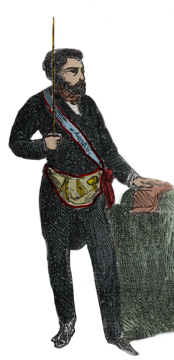 الماسونية - زي الماسوني لاستقباله في درجة الماجستير - فرانك ماكونيري: Outfit de franc macon (ساحة) نقش من عام 1879 في "تاريخ المجتمعات السرية والسياسية والدينية" بقلم بيير زكون (1817-1895) بواسطة فنان غير معروف