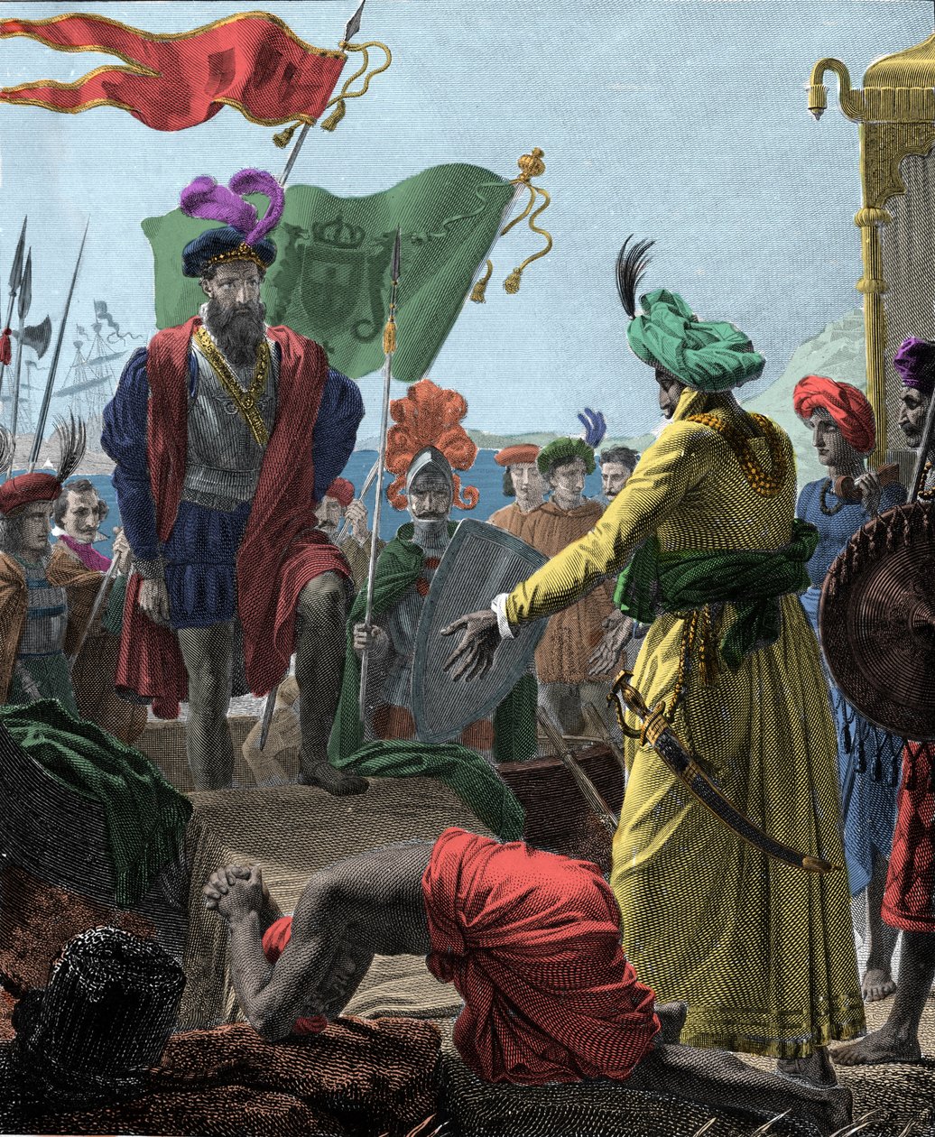 من فاسكو دي جاما (1469-1524 ، مستكشف برتغالي) إلى كاليكوت (كوزيكود الحالية) في الهند عام 1498. نقش 1817 .. بواسطة فنان غير معروف