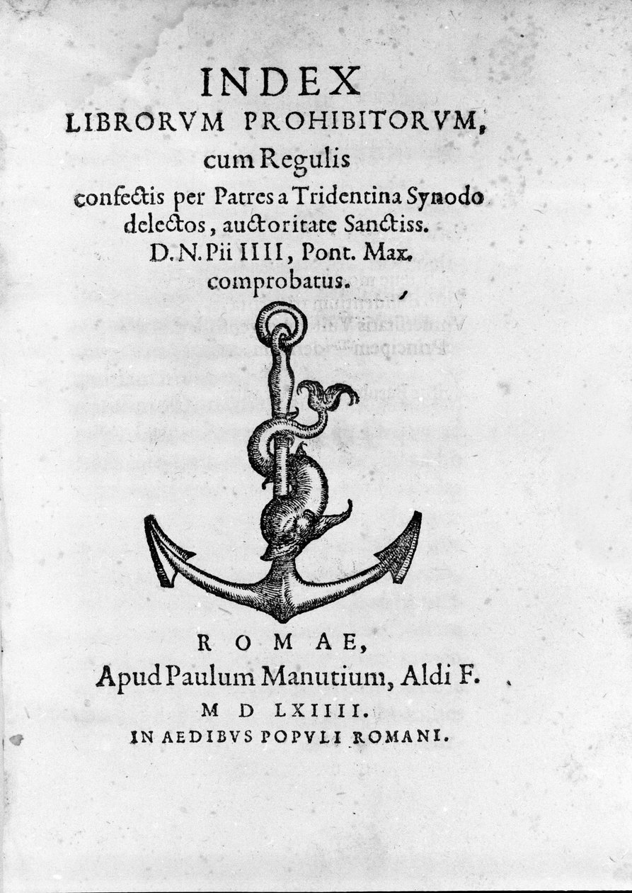Frontispice of Index Librorum Prohibitorum (فهرس الكتب المحظورة أو فهرس Exurgatorius) نُشر في روما عام 1564. يسرد الكتب التي لم يُسمح للروم الكاثوليك بقراءتها. بواسطة فنان غير معروف