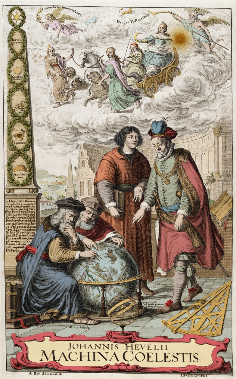 واجهة "Machina coelestis" بقلم يوهانس هيفليوس (يان هيويليوس) (1611-1687) 1673 - يوهانس هيفيليوس (1611-87) عالم الفلك البولندي ؛ تُظهر الصورة علماء الفلك الأربعة العظماء ، هيبارخوس (190-120 قبل الميلاد) (هيبارخوس) ، بطليموس (83-161 م) (كلود بطليمو بواسطة فنان غير معروف