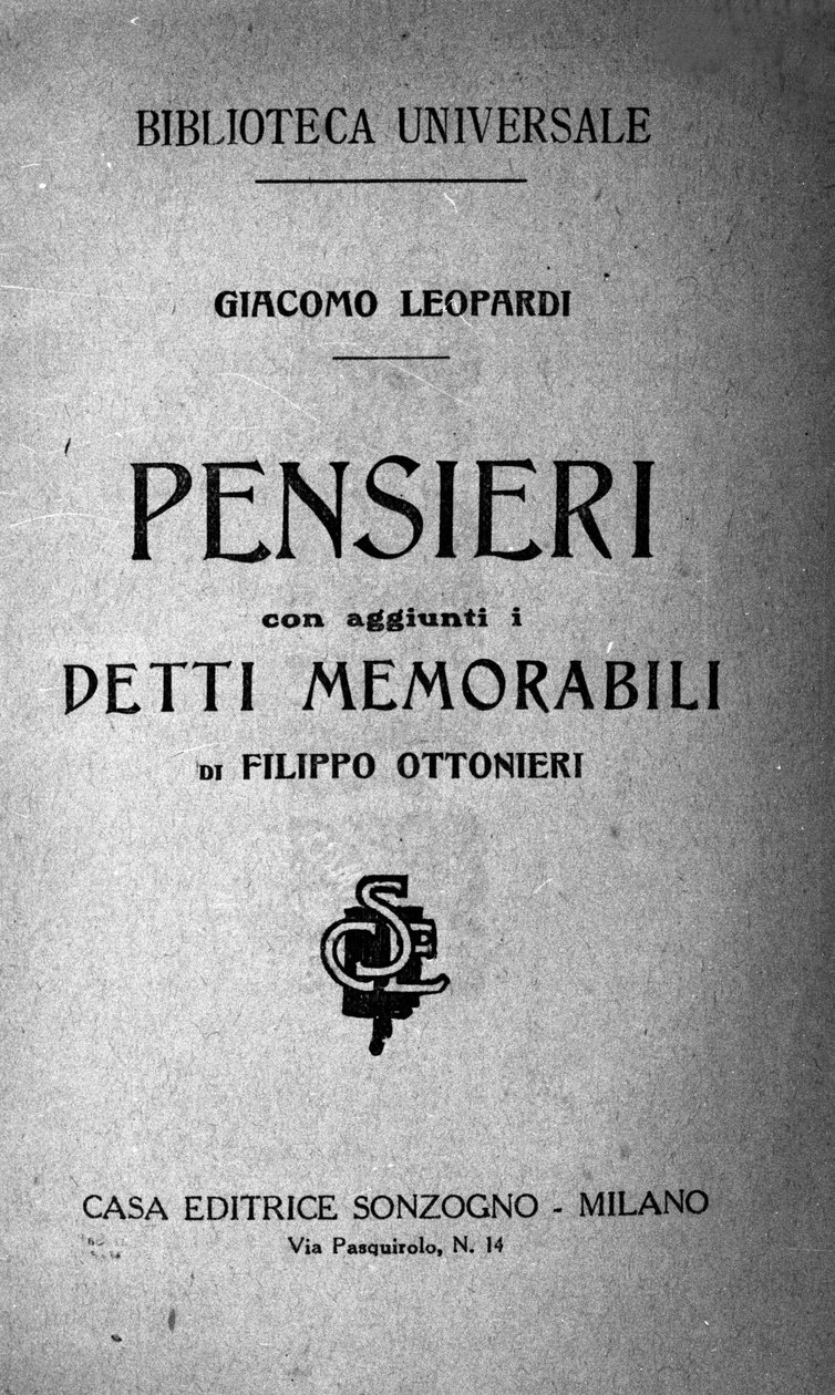 واجهة "Pensieri" (Pensees) للشاعر الإيطالي جياكومو ليوباردي (1798 - 1837) القرن التاسع عشر بواسطة فنان غير معروف