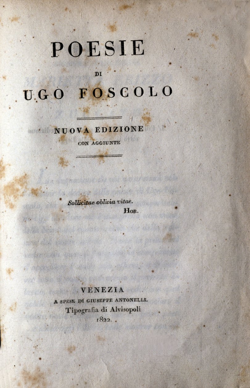 واجهة "Poesy" للشاعر والكاتب المسرحي الإيطالي أوغو فوسكولو (1778-1827) 1822 بواسطة فنان غير معروف