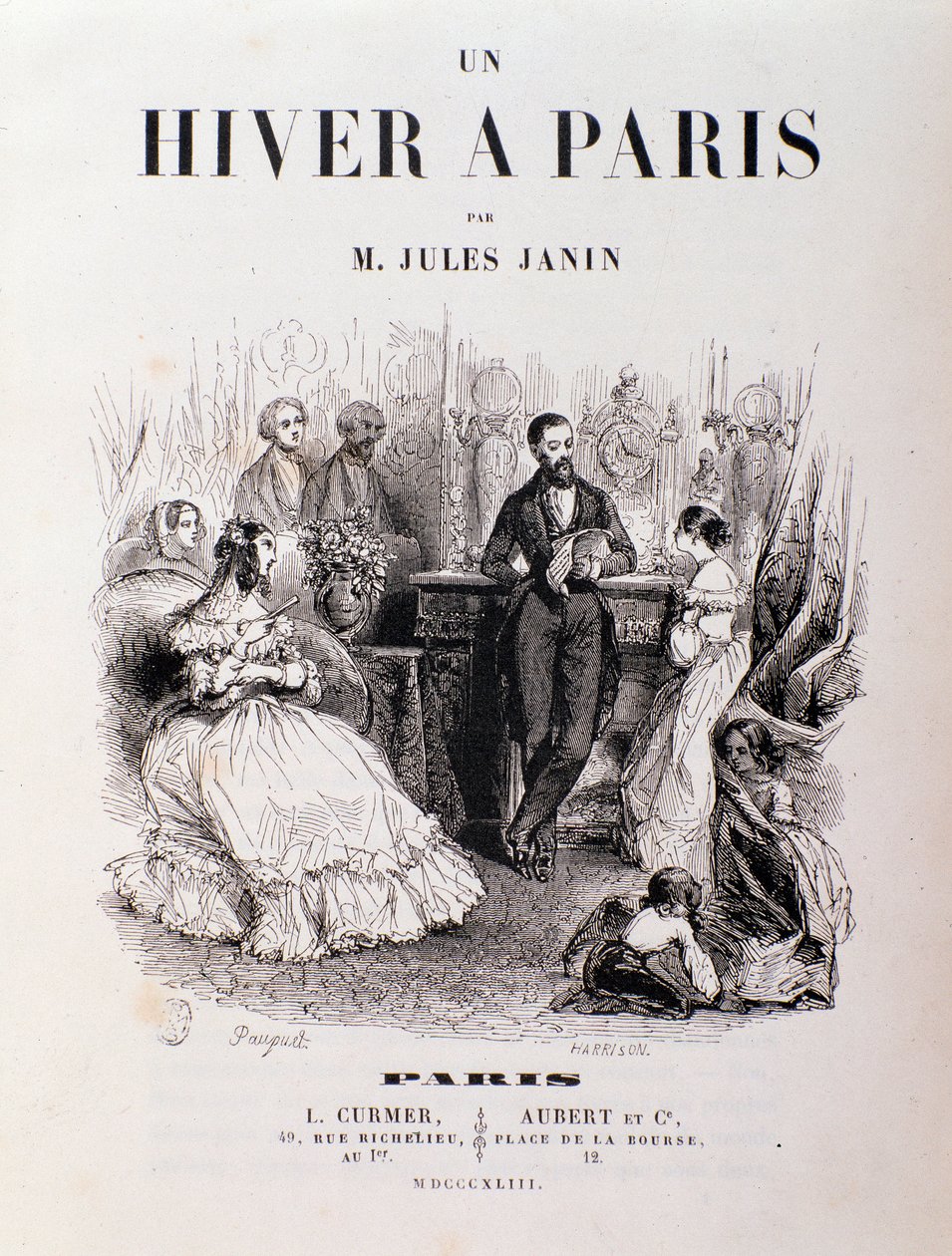 واجهة فيلم "Un hiver à Paris" لجول جانين ، التقى الباريسيون في صالة خلال حفل استقبال. 1843 مجموعة خاصة بواسطة فنان غير معروف