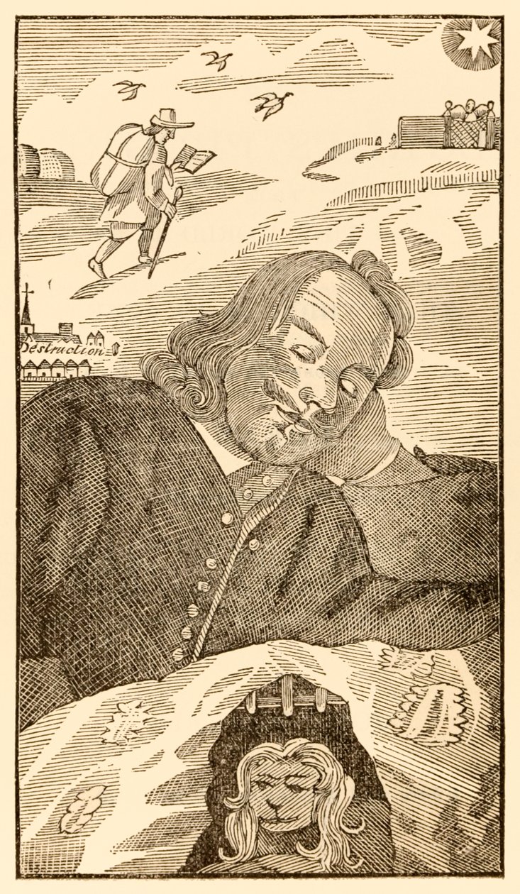 صورة من كتاب "الحجاج يتقدمون من هذا العالم ، إلى ما سيأتي به جون بونيان" (1628-1688) تظهر فيه الكاتب يحلم بالحاج المسيحي المثقل بمعرفة خطيته بواسطة غير معروف