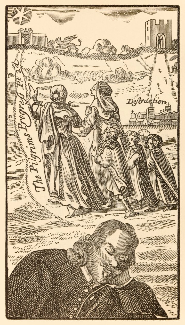 صورة من الجزء الثاني من تقدم الحجاج من هذا العالم ، إلى ما سيأتي به جون بونيان (1628-1688) تظهر فيه المؤلف يحلم بعائلة المسيحيين ، زوجته كريستيانا بواسطة غير معروف
