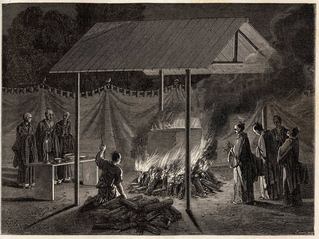 مراسم الجنازة: حرق طقسي. نقش لتوضيح الرحلة إلى اليابان في 1863-1864 ، بقلم آيم هامبرت ، وزير الاتحاد السويسري ، في "Le Tour du monde ، nouveau journal des voyages" ، المنشور تحت إشراف إدوارد شارتون بواسطة فنان غير معروف